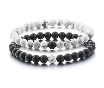 Pack of 1 pair (2 pcs) Black & White Agate Energy Stone Beads Distance Bracelet Set Couple Bracelet