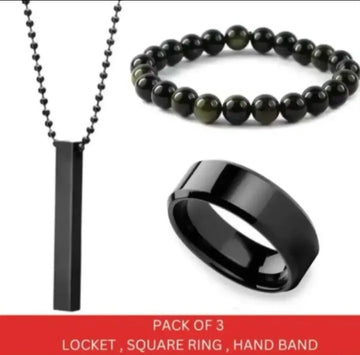 3 Ka Combo Bar Neck Pendant With Black Titanium Finger Ring & Black Bead Bracelet