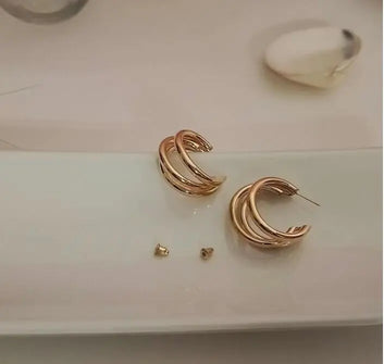 Earings for girls stylish -Thick Tri  hoop Tube Gold Color Hoops Earrings