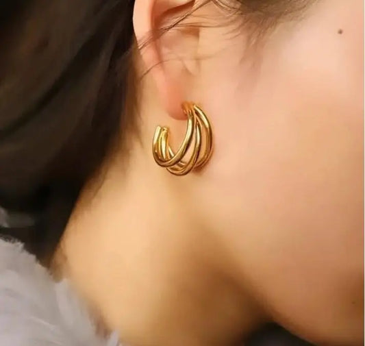 Earings for girls stylish -Thick Tri  hoop Tube Gold Color Hoops Earrings